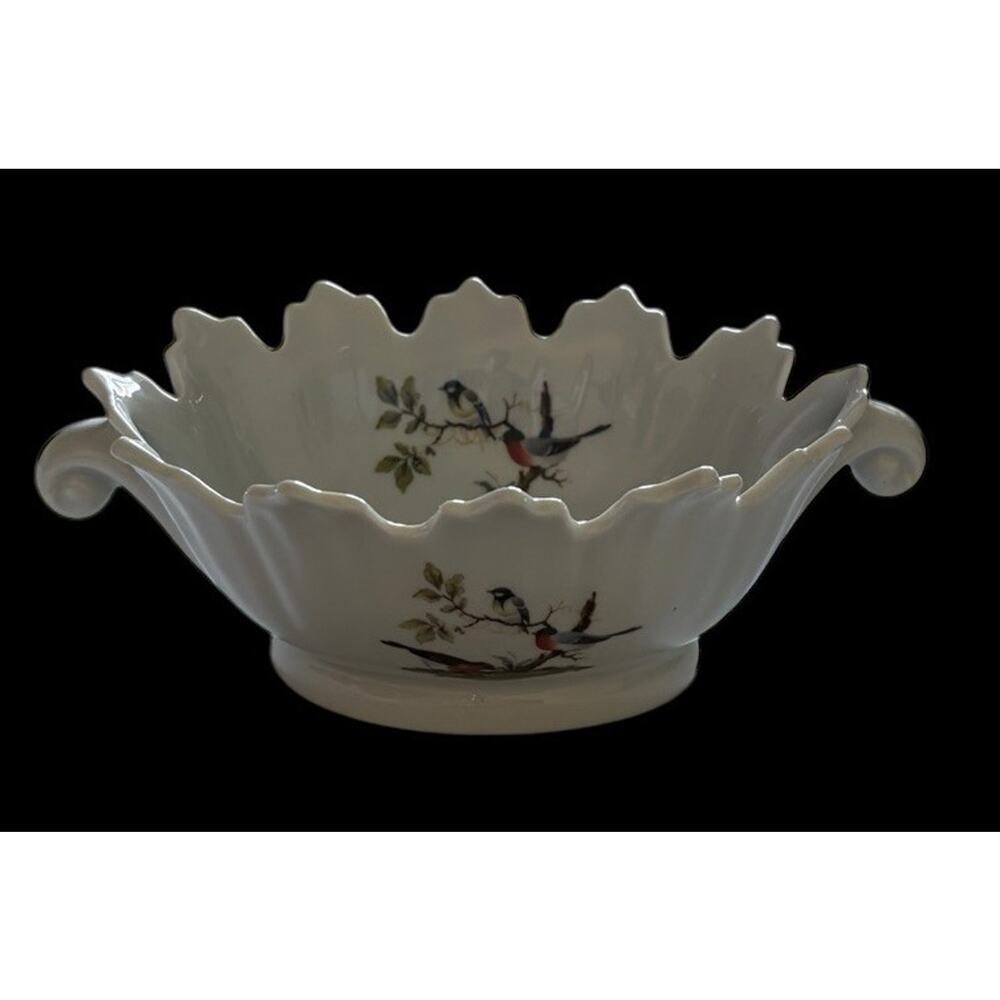 Limoges France Birds and Dragonflies Porcelain Bowl with Handles American Robin